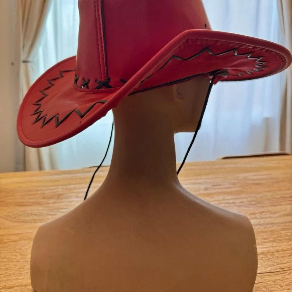 Vintage Red Faux Leather Cowboy Hat Bull Head Embossed Black Lace Trim